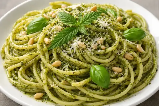 5 Recetas con CBD Saludables y Fáciles de Hacer en Casa 41 Pasta con pesto, albahaca, piñones, queso parmesano y cbd
