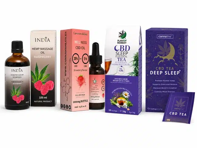 Inicio 46 Pack de cbd con un aceite del 20% de cbd, aceite de masaje con cbd y dos infusiones de cbd para dormir bien.