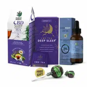 Pack cbd que contiene un aceite, dos infusiones y un chupachups de cbd