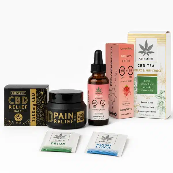 Inicio 40 Pack CBD para recuperación, un aceite de 20% cbd, un bálsamo de cbd, una infusión de relajación y dos muestras de regalo