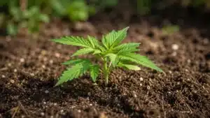 Planta de CBD en sus primeros días de vida plantada en suelo